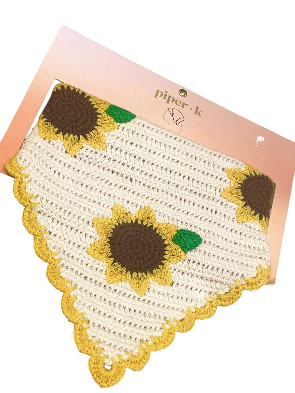 Piper K Crochet Sunflower Bandana Bib Head Band - Yellow, Cream & Brown NWT
